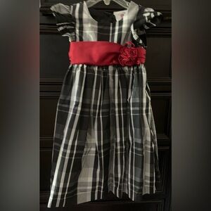 Elegant Plaid Dress with Red Floral Sash